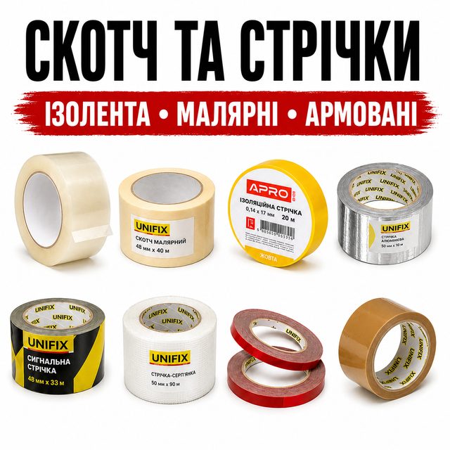 Скотч, ізострічка, малярні стрічки та клейкі матеріали