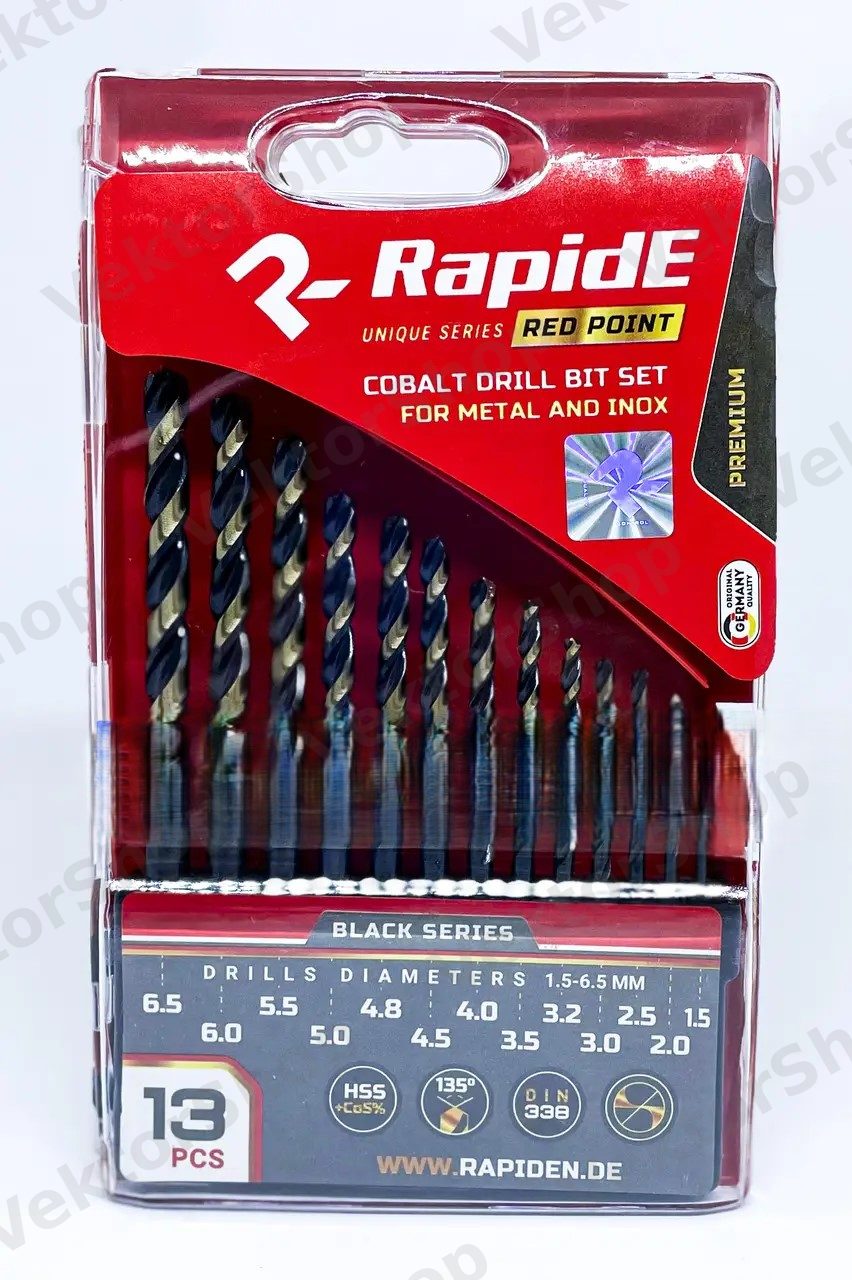 Набір кобальтових свердел по металу RapidE RED POINT 13шт Black Series (1.5;2;2.5;3;3.2;3.5;4;4.5;4.8;5;5.5;6;6.5;) — фото 1