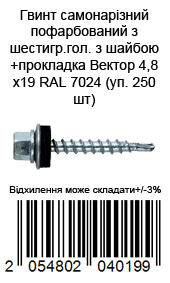 Гвинт самонарізний  з шестигр.гол з шайбою+прокладка Вектор 4,8х19 RAL 7024 (уп. 250/18 шт)