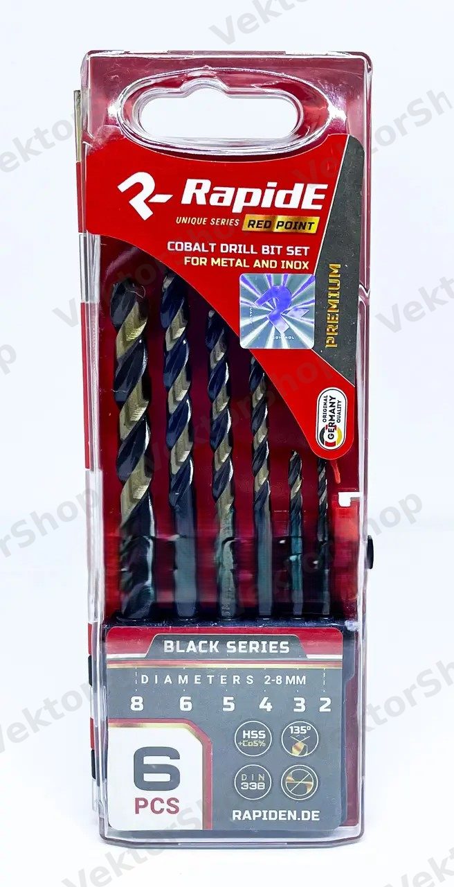 Набор кобальтовых сверл по металлу RapidE RED POINT 6шт Black Series (2,3,4,5,6,8)