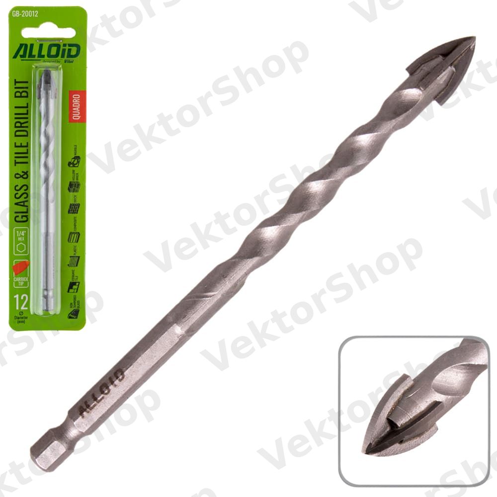 Свердло по склу та кераміці QUADRO 12мм, хвостовик HEX 1/4" Alloid, L= 120mm