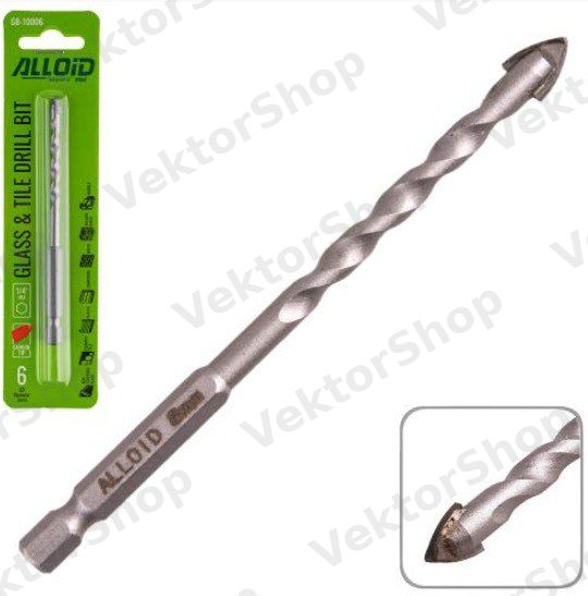 Свердло по склу та кераміці 6мм, хвостовик HEX 1/4" Alloid, L= 105mm