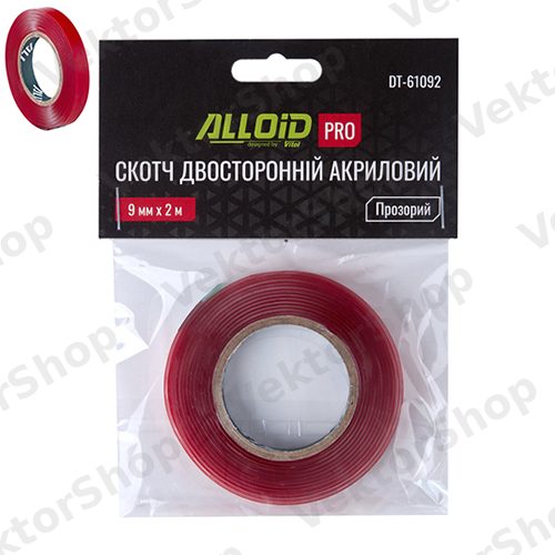 Скотч двухсторонний 9мм х 2м, прозрачный 1мм, (пакет) Alloid Pro