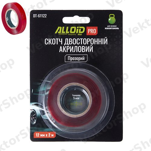 Скотч двухсторонний 12мм х 2м, прозрачный 1мм, (блистер) Alloid Pro — фото 1