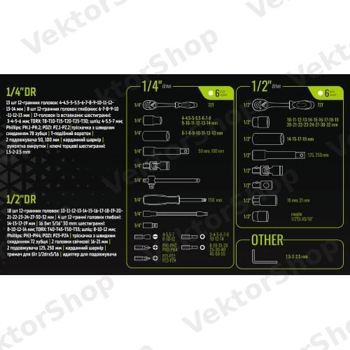 Универсальный набор инструмента 1/4" & 1/2", 94 предм. (6 гран.) Трещотки 72 зуба.(TS-94) Alloid — фото 6