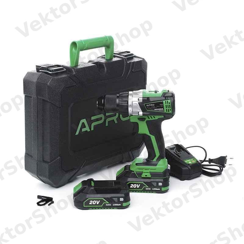 Дриль-шуруповерт безщіточний APRO 20В, 2А, 20DB, 2 АКБ, ЗУ, кейс — фото 1